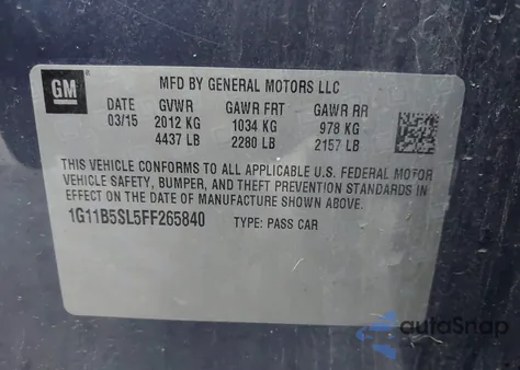 2015 Chevrolet Malibu Ls from USA, damaged, VIN 1G11B5SL5FF265840
